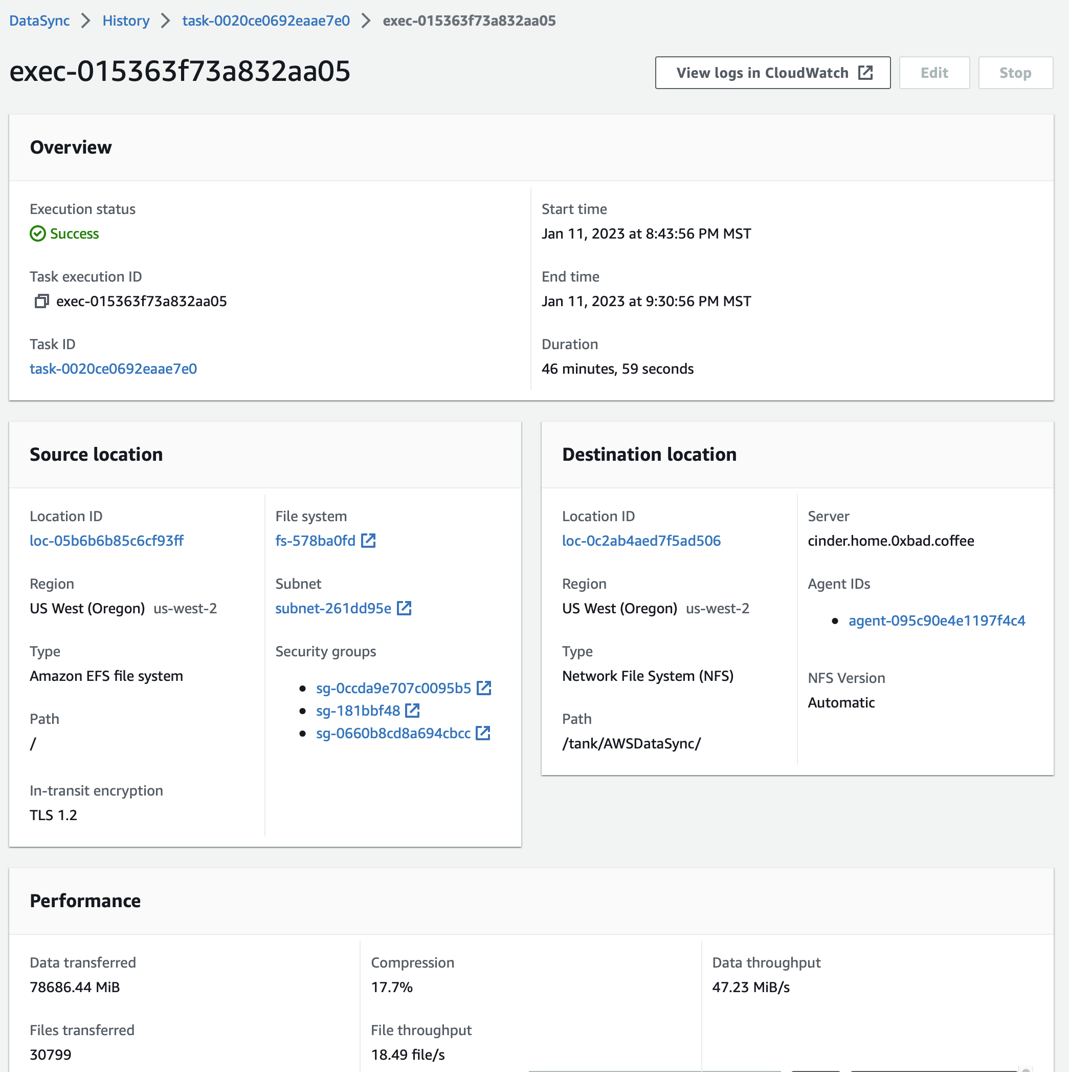 screenshot of AWS DataSync console showing completed sync job!